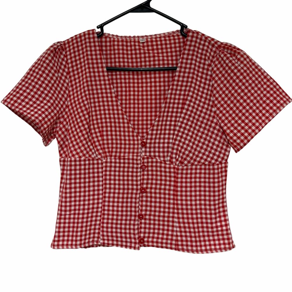 NO BRAND Red Check Crop Top Button Down V Neck Short Sleeve Size Medium Country